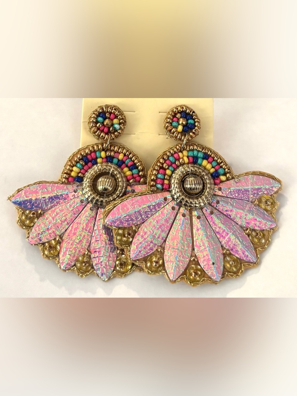 Fashion Jewelry Gold-Tone Pink Multicolor Beaded Fan Earrings